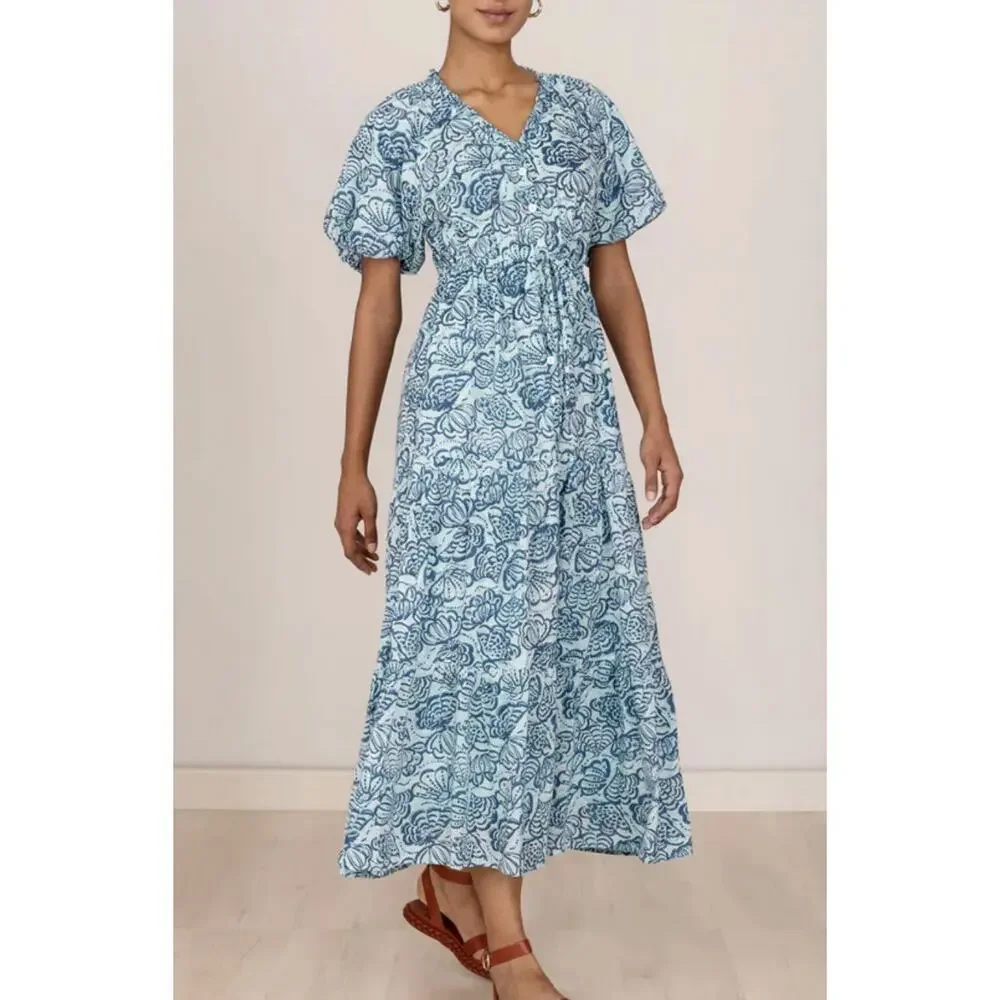 Banjanan Poppy Midi Dress Shell Aqua Puff Sleeve Cotton Button Tuckernuck - Picture 4 of 13